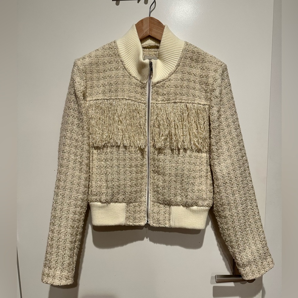 MOTHER Cream Tweed Bomber Jacket with Fringe